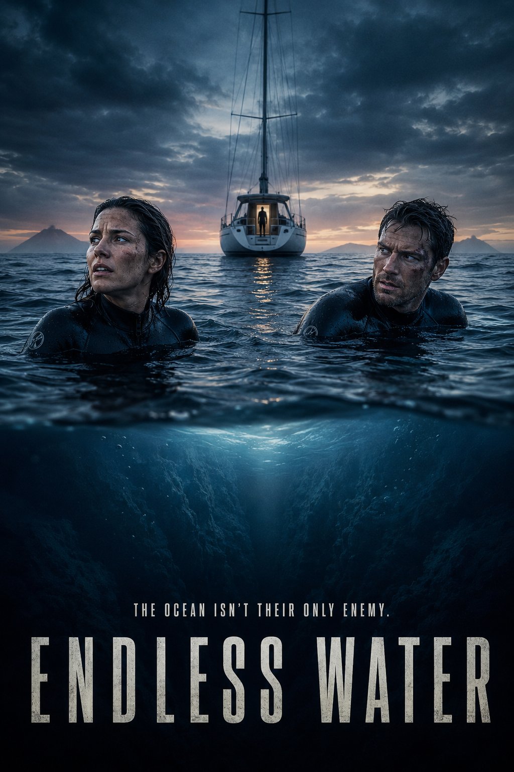 Endless Waters poster — a man and woman treading water at dusk, a sailboat and distant islands behind them, the ocean floor falling away into darkness beneath.