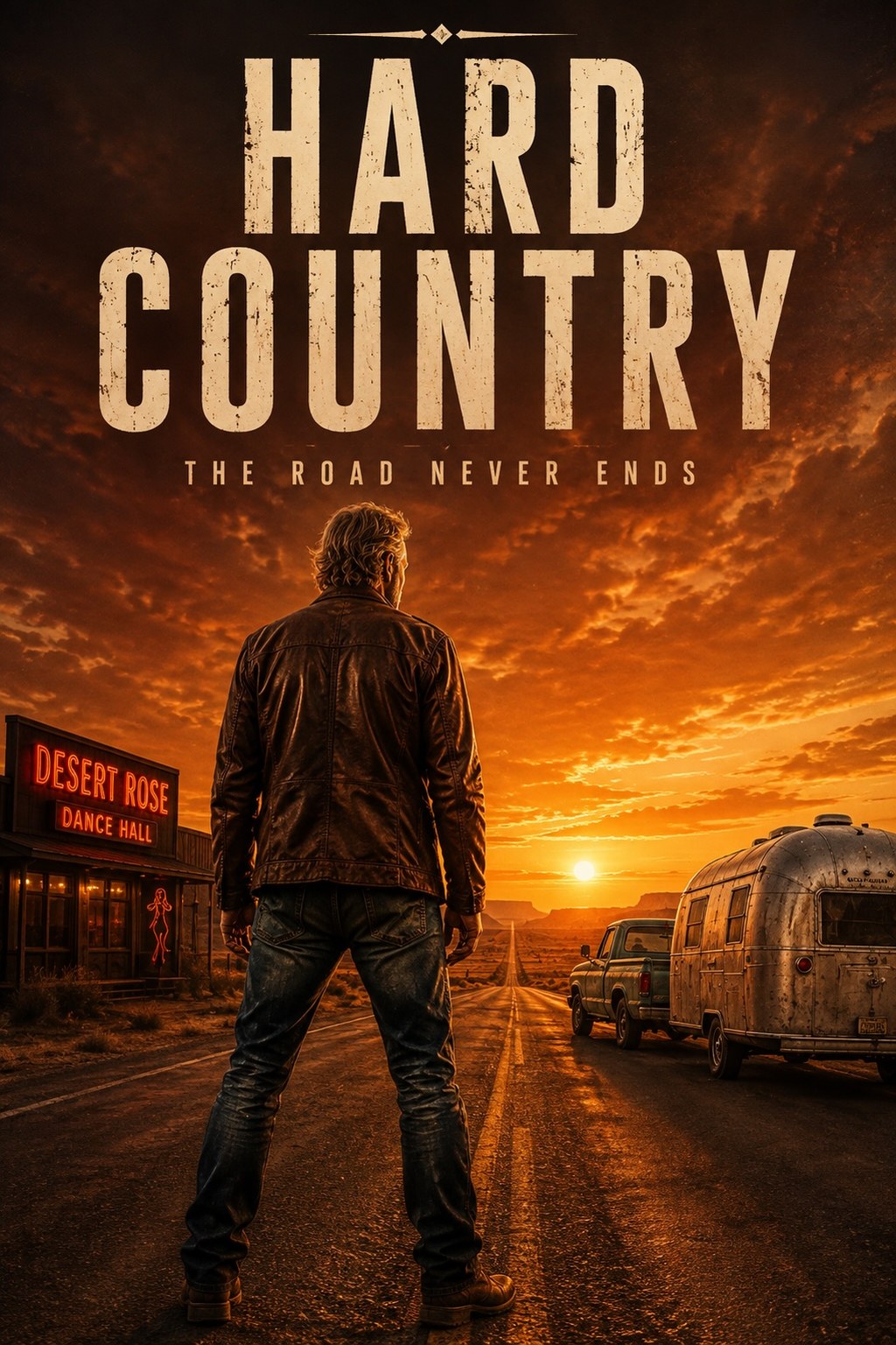 Hard Country poster — a man in a leather jacket stands on a desert highway at sunset beside his truck and Airstream trailer, the Desert Rose Dance Hall's neon sign glowing at the roadside, under the title “Hard Country” and tagline “The Road Never Ends.”