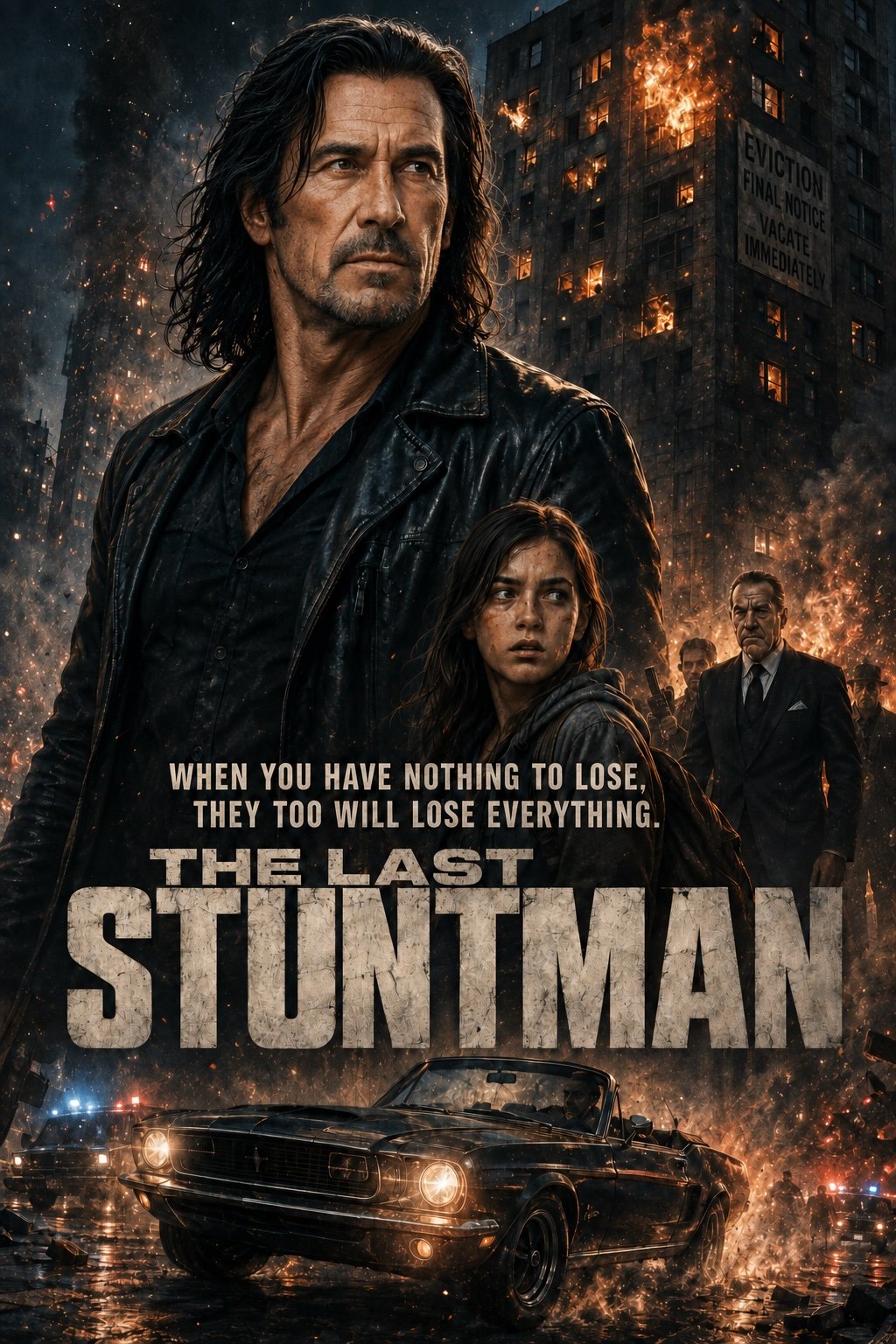 The Last Stuntman poster — a rugged older man in a leather jacket standing before a burning high-rise with an eviction notice posted on it, a young girl and armed men behind him, a vintage Mustang idling in the rain-soaked street below.