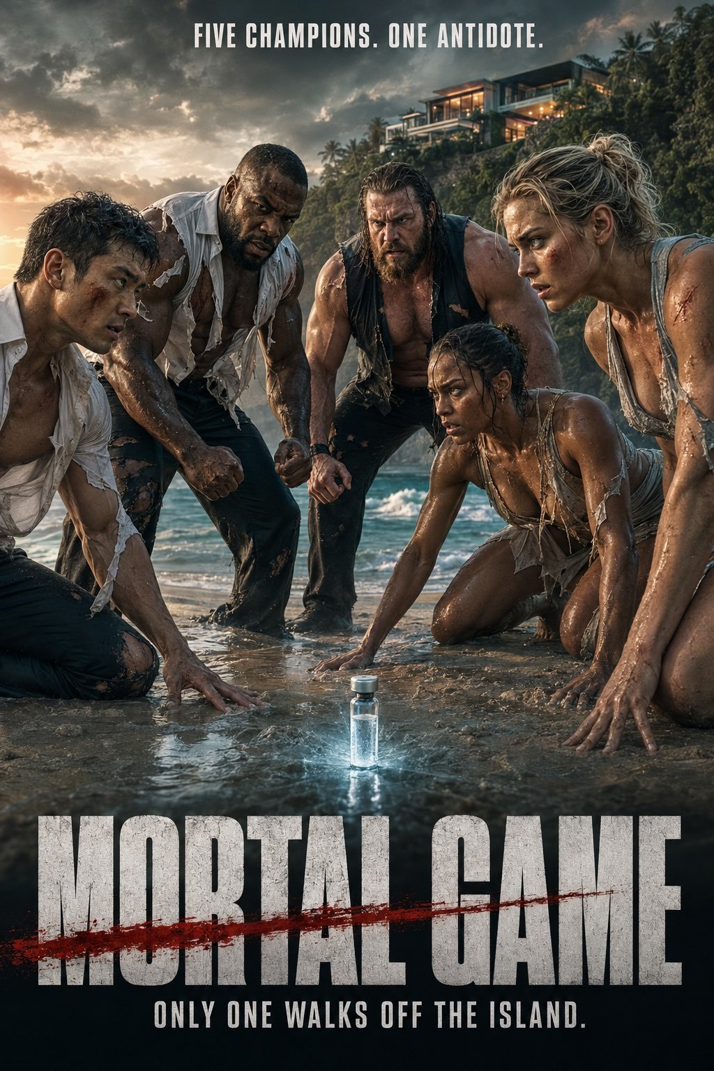 Mortal Game poster — five bloodied, exhausted survivors kneel around a glowing vial on the sand as a cliffside villa glows above them, under the tagline “Five champions. One antidote. Only one walks off the island.”