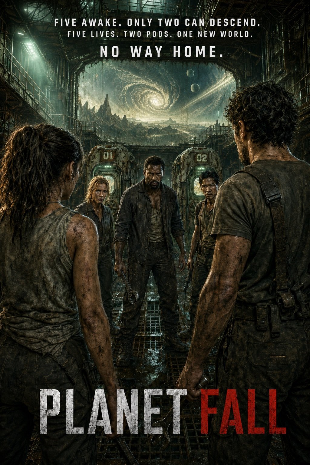 Planet Fall poster — five grime-streaked crew members facing off in a rusted space station corridor, two cryo pods and a spiral galaxy visible through the window behind them.