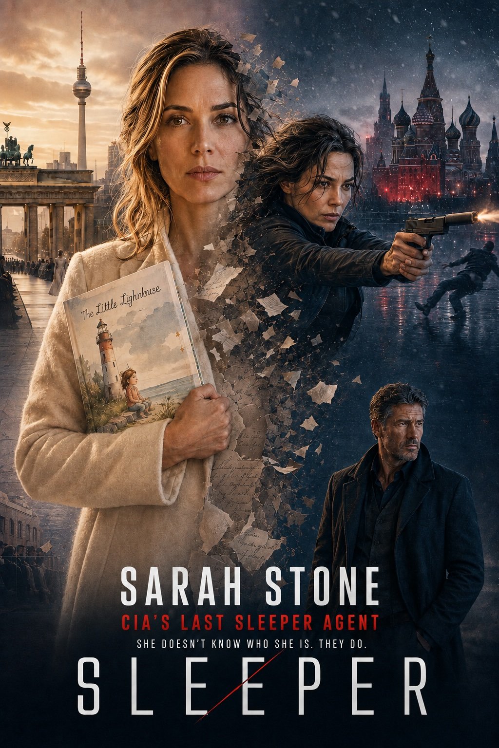 Sleeper poster — Sarah Stone in a warm coat holding a children's book, dissolving into her CIA operative alter ego firing a gun on a rain-slicked street, Berlin's Brandenburg Gate and a Moscow skyline behind her.