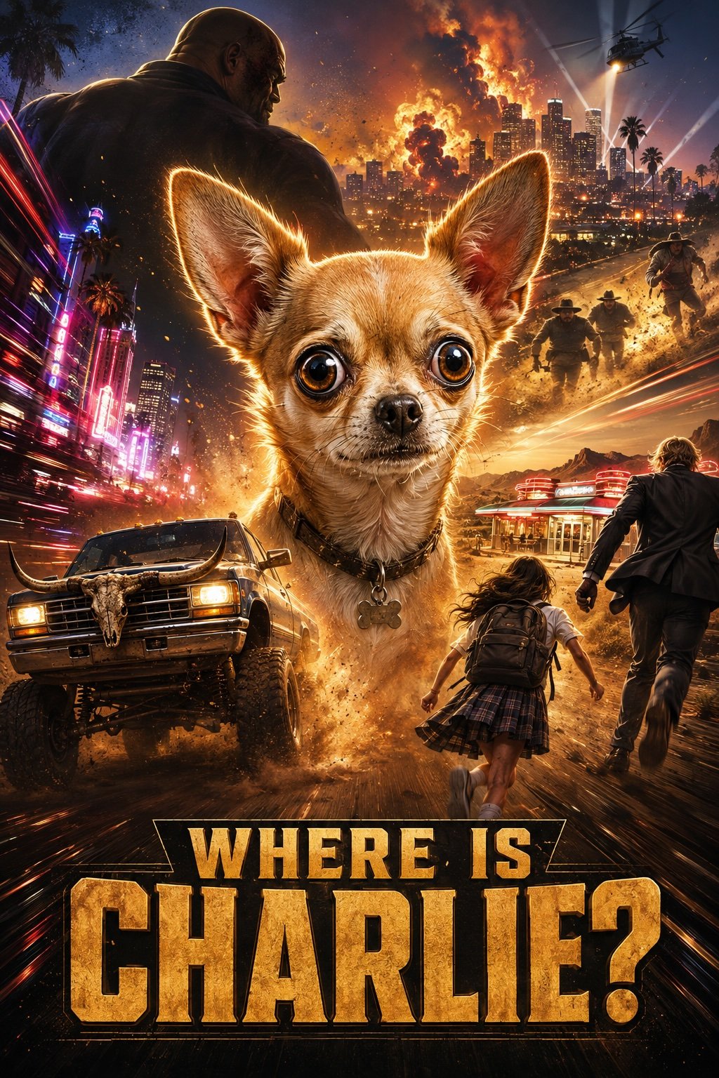 Where Is Charlie? poster — a wide-eyed Chihuahua at the center of an explosive collage of Hollywood, Sunset Boulevard, a Nevada desert diner, a horned pickup truck, hillbillies, a towering bald enforcer, a blond man in a suit, and a schoolgirl running through the chaos.